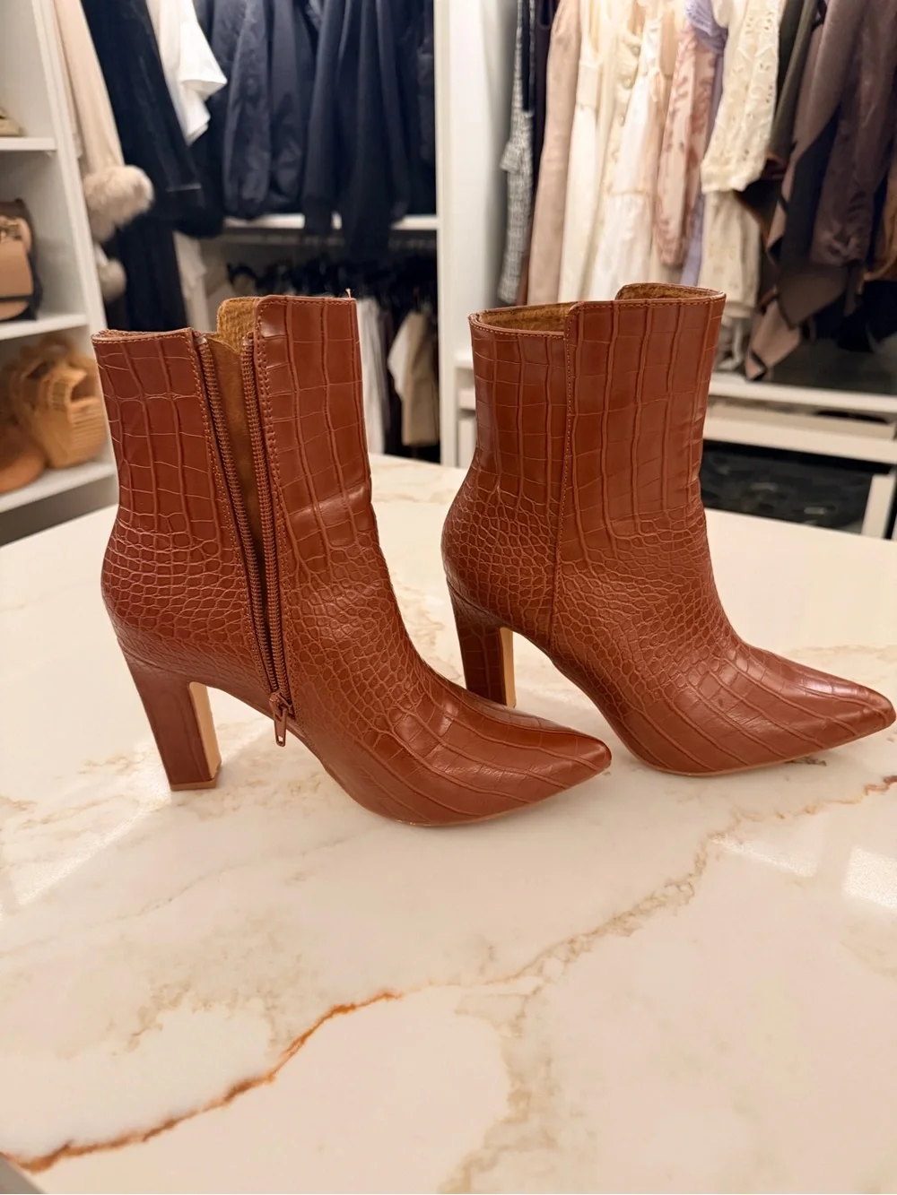 Women's Croc-Embossed Brown High-Heel Ankle Boots